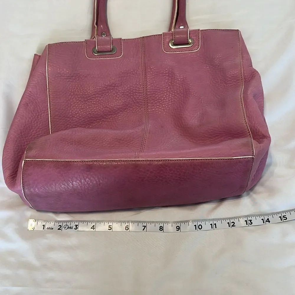 Levenger Leather Handbag Satchel Lavender With White Piping Clean Inside Euc — image 8 of 8